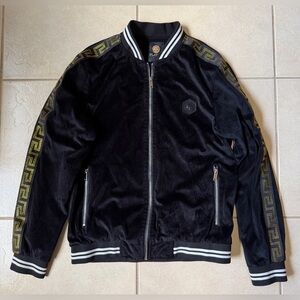 Platini Mens Sz M ZIP Up Black Gold Designer Velvet Bomber Jacket